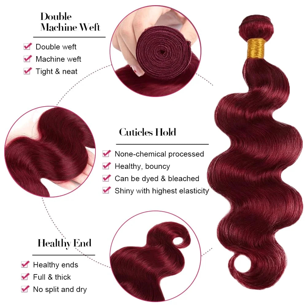 Elevate your look with luxurious Burgundy body wave extensions that blend seamlessly with your natural hair and add effortless glamour.