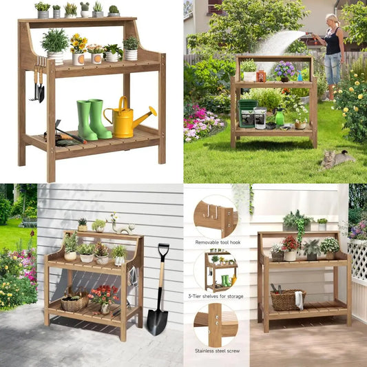 All Weather Outdoor Garden Workstation Table With 4 Side Hooks For Potting