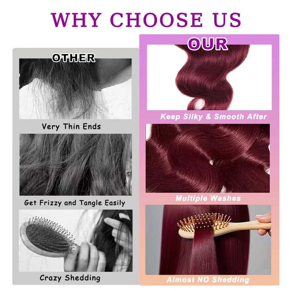Elevate your look with luxurious Burgundy body wave extensions that blend seamlessly with your natural hair and add effortless glamour.